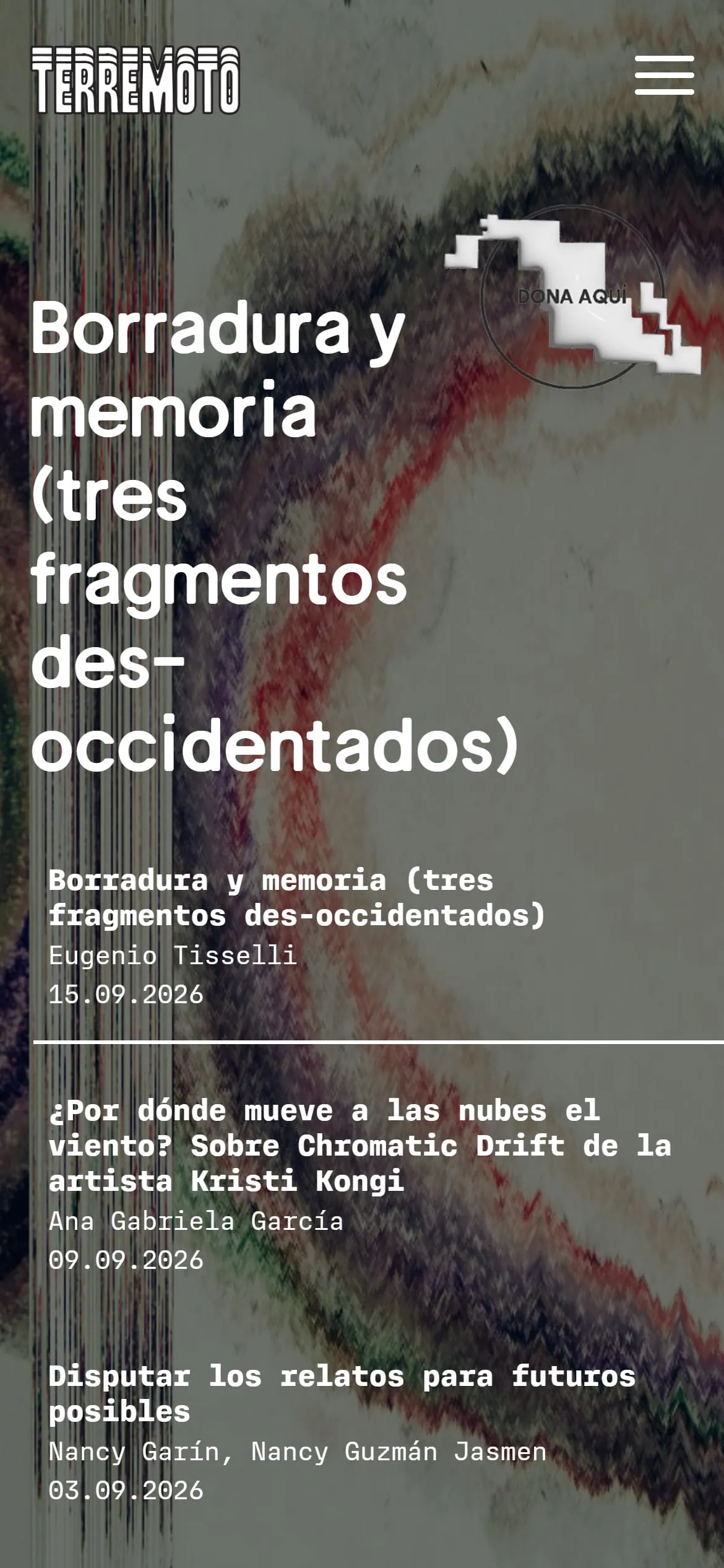 Portada de Terremoto: una fotografía de obra a pantalla completa con los últimos artículos encima